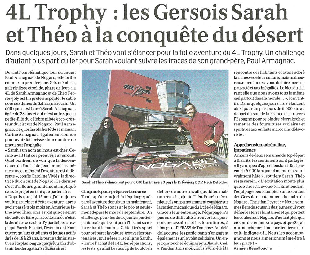 Article La Dépêche 05-02-2023-4L Sarah Armagnac